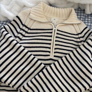 H&M Cream & Navy Striped Chunky Knit Half-Zip Sweater